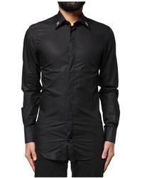 Dolce & Gabbana - Overhemden ,Zwart ,Katoen Zwart Overhemd Met Slanke Pasvorm En Kruisversiering - Lyst