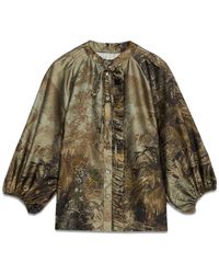 Oltre - Fantasie satinbluse mit rüschen - Lyst