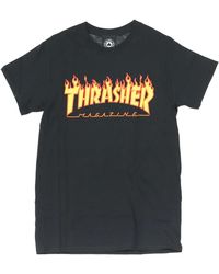 Thrasher - Tops ,Zwart ,Flame Tee Zwart/Geel Korte Mouw T-Shirt - Lyst