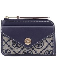 Tory Burch - Accessoires ,Blauw ,Katoen Leren En T Monogram Stoffen Portemonnee - Lyst