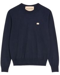 Valentino - Truien & Vesten ,Blauw ,Wol Wollen Trui Met Vlogo-Patch - Lyst
