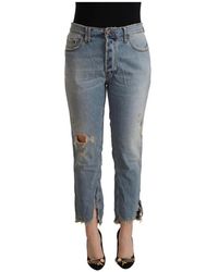 CYCLE - Distressed Mid Waist Cropped Denim Jeans - Lyst