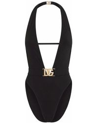 Dolce & Gabbana - Badmode ,Zwart ,Zwarte Eendelig Diep Uitgesneden Badpak - Lyst
