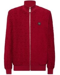 Philipp Plein - Hoodies & Sweatvesten ,Rood ,Katoen Jacquard Tracksuit Jacket Monogram - Lyst