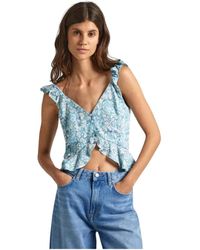 Pepe Jeans - Top in lino floreale con volant - Lyst