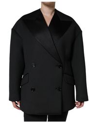 Dolce & Gabbana - Jassen ,Zwart ,Polyester Zwarte Double-Breasted Jas Met Logo - Lyst
