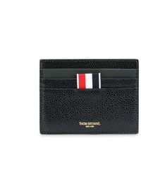 Thom Browne - Accessoires ,Zwart ,Leer Zwarte Leren Kaarthouder Met Gestreepte Rand - Lyst