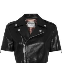 Philipp Plein - Jassen ,Zwart ,Leer Leren Cropped Biker Jack Met Korte Mouwen - Lyst