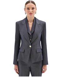 Rinascimento - Jassen ,Blauw ,Katoen Giacca Gessata Con Bottone Gioiello - Lyst