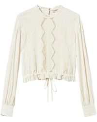 Twinset - Overhemden ,Wit ,Blouse Met Borduursel En Ruches Aan De Onderkant Ronde Hals - Lyst