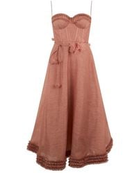 Zimmermann - Kleedjes ,Bruin ,Linnen Bloemen Midi-Jurk Met Strikceintuur - Lyst