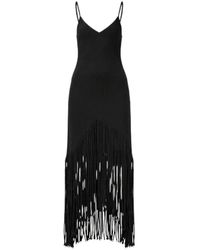 Pinko - Kleedjes ,Zwart ,Fringed V-Neck Maxi Jurk - Lyst