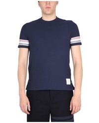 Thom Browne - Tops ,Blauw ,Katoen Gestreept T-Shirt Met Ronde Hals - Lyst
