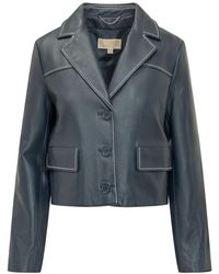 Michael Kors - Jassen ,Blauw ,Leer Contrast-Trim Leather Cropped Blazer - Lyst