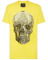 Philipp Plein - Tops ,Geel ,Katoen T-Shirt Ronde Hals Ss Skull And Plein Met Kristallen - Lyst