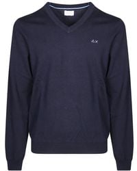 Sun 68 - Truien & Vesten ,Blauw ,Katoen Wollen V-Hals Trui Met Katoen - Lyst