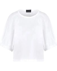 Emporio Armani - Weiße popeline-bluse mit kurzen ärmeln und gebundenen bändern - Lyst
