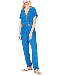 Pepe Jeans - Jumpsuits & Playsuits ,Blauw ,Katoen Blauwe Bedrukte Jumpsuit Met Korte Mouwen - Lyst