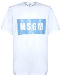 MSGM - Tops ,Wit ,Katoen Katoenen T-Shirt Met Blauw Logo - Lyst