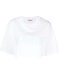 Marni - Weiße t-shirts und polos mit pinselstrich-print,weiße baumwoll-crop-t-shirt mit logo - Lyst