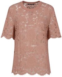 Dolce & Gabbana - Overhemden ,Roze ,Katoen T-Shirt Van Cordonnetkant Met Korte Mouwen - Lyst