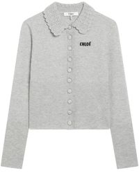 Chloé - Truien & Vesten ,Grijs ,Wol Fitted Logo Cardigan - Lyst