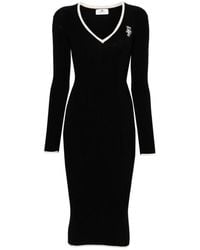 Elisabetta Franchi - Abito midi a coste con scollo a v nero bianco - Lyst