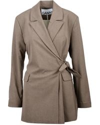 Ganni - Jassen ,Bruin ,Polyester Lange Jas Met Kruisstrik Sluiting - Lyst