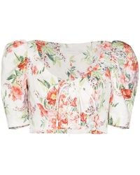 Zimmermann - Overhemden ,Veelkleurig ,Linnen Linnen Top Met Bloemenprint, Pofmouwen En Korset - Lyst