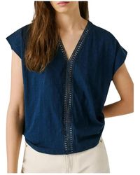 Pepe Jeans - Overhemden ,Blauw ,Katoen V-Hals Jersey Top - Lyst