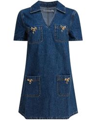 Self-Portrait - Blauwe Denim Mini Jurk Met Kristalboog - Lyst