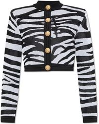 Balmain - Truien & Vesten ,Zwart ,Leer Cardigan Met Dierenprint - Lyst