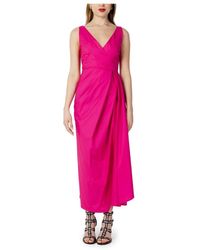 Sandro Ferrone - Kleedjes ,Roze ,Katoen Fuchsia V-Hals Katoenen Jurk Rits - Lyst