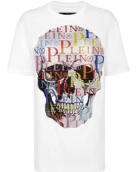 Philipp Plein - Tops ,Wit ,Katoen T-Shirt Ronde Hals Ss Skull Met Kristallen - Lyst