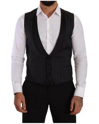 Dolce & Gabbana - Kostuums ,Zwart ,Wol Zwart Gestreept Formeel Jurk Pak Vest - Lyst