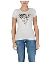 Guess - Tops ,Wit ,Katoen Bedrukt T-Shirt Met Korte Mouwen En Ronde Hals - Lyst