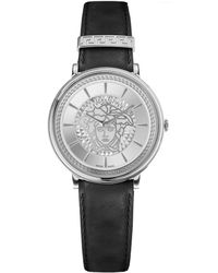Versace - V circle orologio con cinturino in pelle nera - Lyst