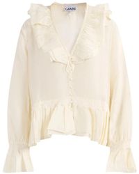 Ganni - Overhemden ,Viscose Zijde Habotai Ruche Blouse - Lyst