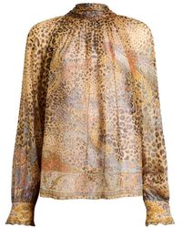 Etro - Overhemden ,Bruin ,Chiffon Zijden Chiffon Blouse Met Zijden Sjaal En Paisley- En Dierenmotief - Lyst