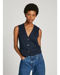 Pepe Jeans - Jassen ,Blauw ,Diana Vest Met V-Hals En Gestreepte Print - Lyst