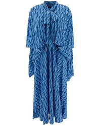 Balenciaga - Kleedjes ,Blauw ,Wol Blauwe Jurk Met Wijd Uitlopende Snit - Lyst