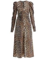 Ganni - Midi Jurk Met Dierenprint En Pofmouwen - Lyst