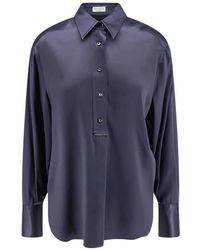 Brunello Cucinelli - Overhemden ,Blauw ,Zijden Blouse Met Monili Detail - Lyst