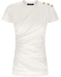 Balmain - Tops ,Wit ,Nylon T-Shirt Met Gedrapeerd Effect En Knopen - Lyst