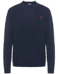 U.S. POLO ASSN. - Truien & Vesten ,Blauw ,Katoen Katoenen Trui Met Kabelpatroon En Ronde Hals Van Kasjmier - Lyst