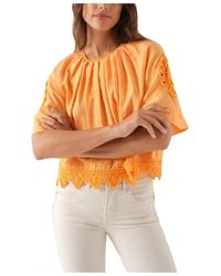 Salsa Jeans - Overhemden ,Oranje ,Oranje Geborduurde Blouse Met Korte Mouwen - Lyst