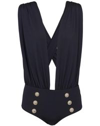 Balmain - Draped swimsuit with embossed buttons - Lyst