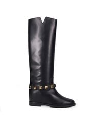 Via Roma 15 - Schwarze Hohe Stiefeletten Mit Keilabsatz Und Nieten - Lyst