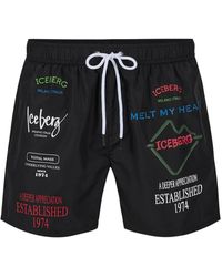 Iceberg - Badmode ,Zwart ,Zwarte Zwemshorts Met Contrasterende Prints, Tekst En Trekkoord - Lyst