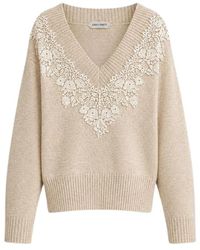 Alberta Ferretti - Truien & Vesten ,Wol Cashmere V-Neck Trui Met Kantinzetting - Lyst